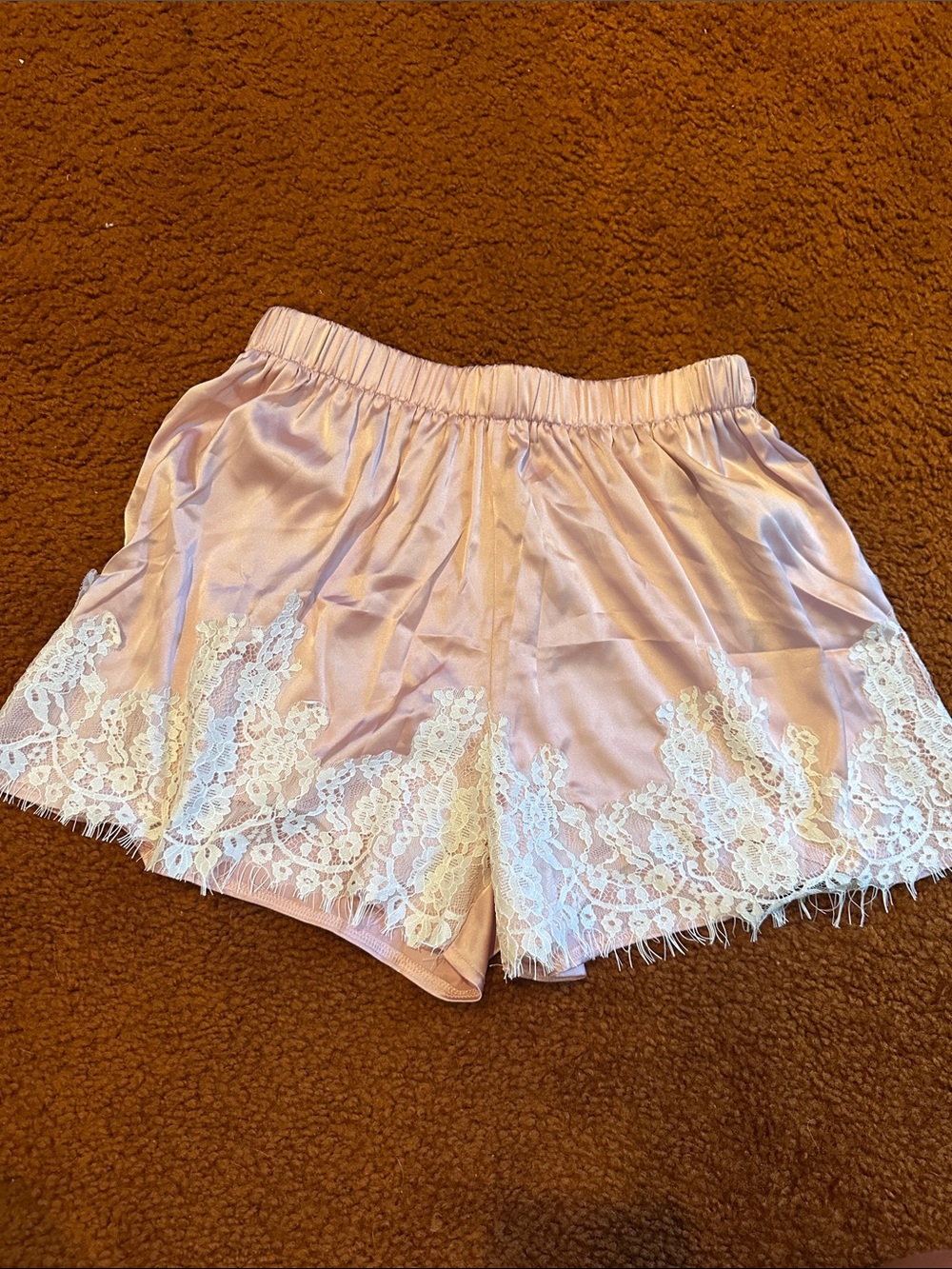 SHEIN Pink Satin Sleep Shorts with White Lace